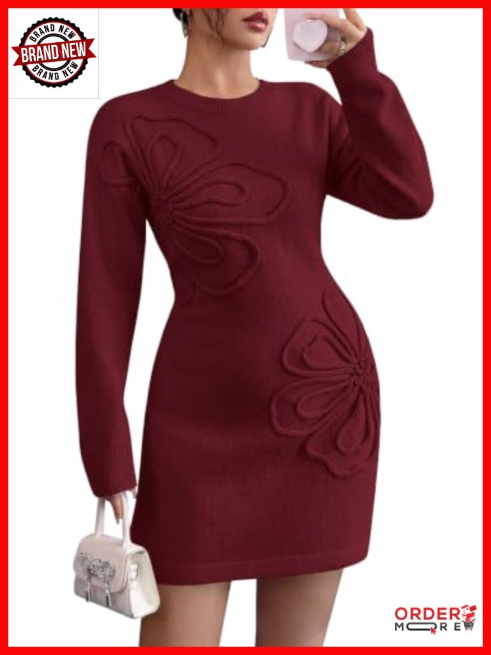 Embroidered Long Sleeve Bodycon Mini Sweater Dress